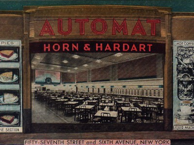 I still regret that I never made it to Horn and Hardart. As a kid I was obsessed with the idea that there was a restaurant where you could put your money in a slot and open a little door to get your food. Even hot food. It just seemed like such a great thing. Unfortunately, it closed in 1991 and somehow I never quite got there. So, instead, I let Finn and June have it as a special place in the book.